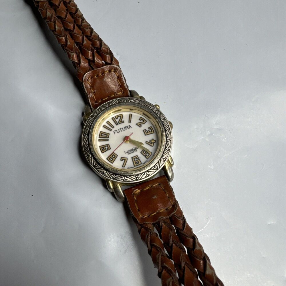 Futura Lunaglo Quartz Watch Goldtone Silver Bezel Brown Band Ez Read New Battery